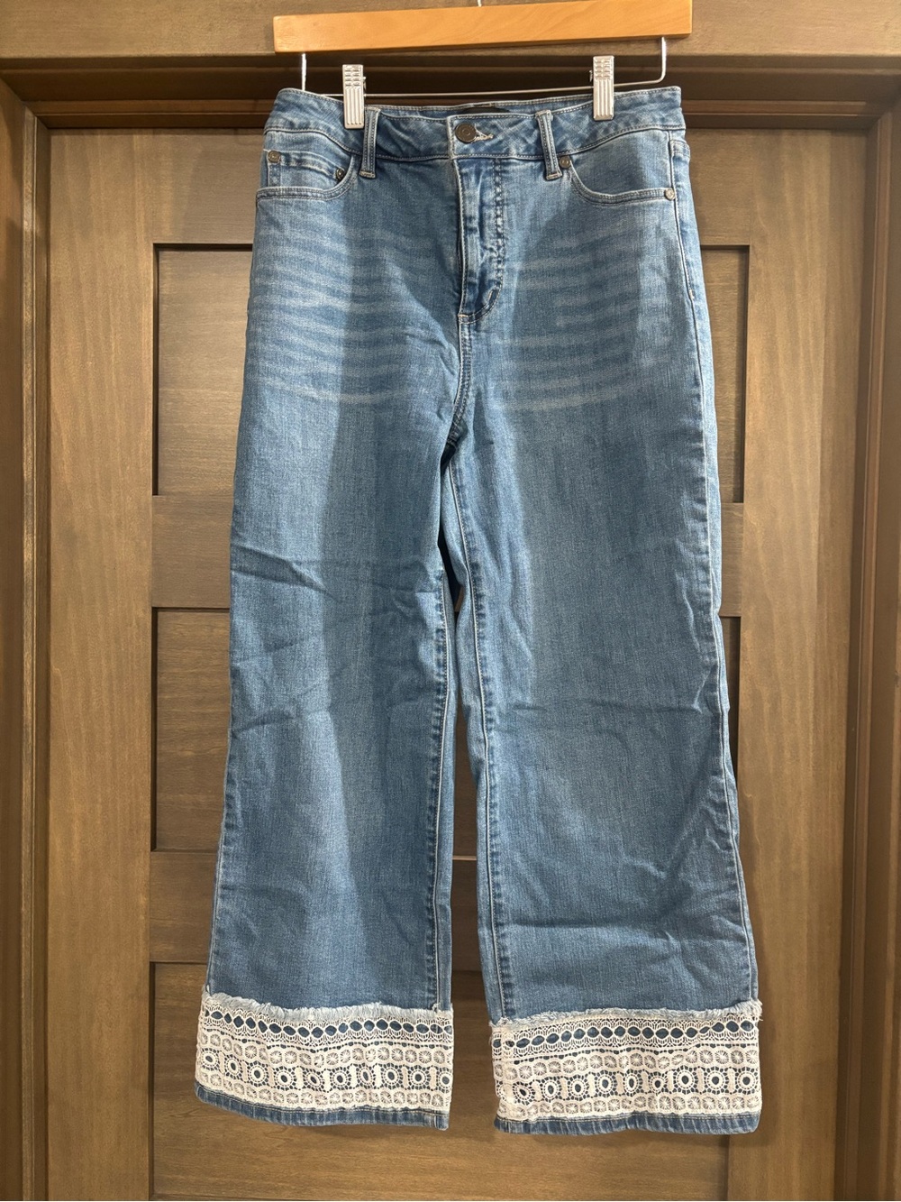 Susan Graver Blue Denim Wide-Leg Jeans with White Crochet Hem